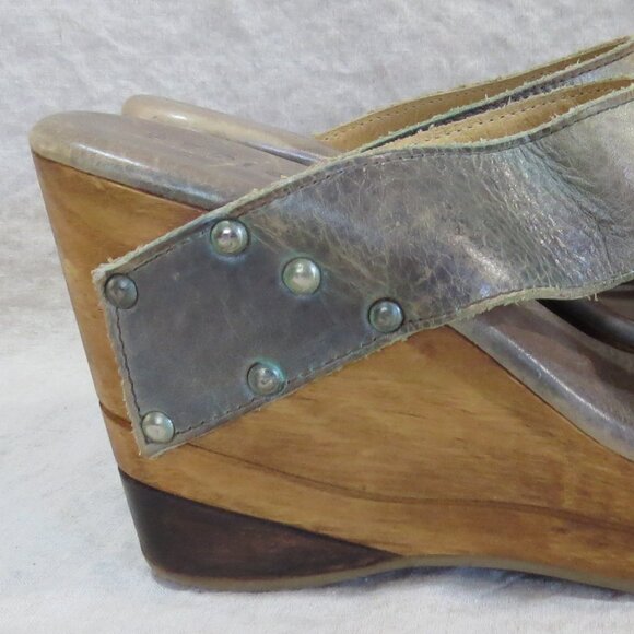 Bed Stu Leather Olea Olive Gray Distressed Boho Wood Slip On Sandals Size US 7 - Picture 2 of 12